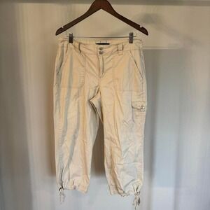 Y2K Cream Cargo Pants With Embroidered Flower Pockets and Adjustable Waist Sz 10